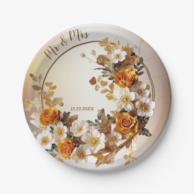 Wedding Party Golden Orange White Flowers Rustic Paper Plate (Front)