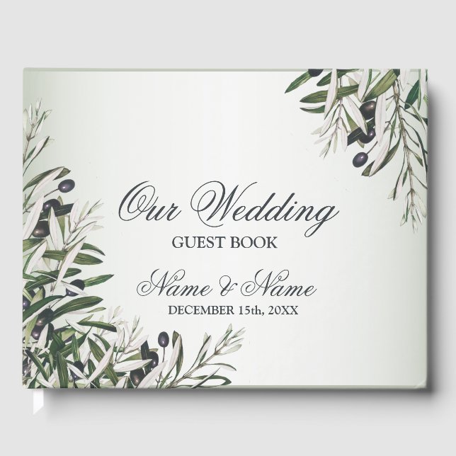 Wedding Party Green Leaves Black Olive Elegant Guest Book (Front)