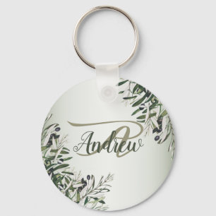 Wedding Party Green Leaves Black Olive Elegant Key Ring