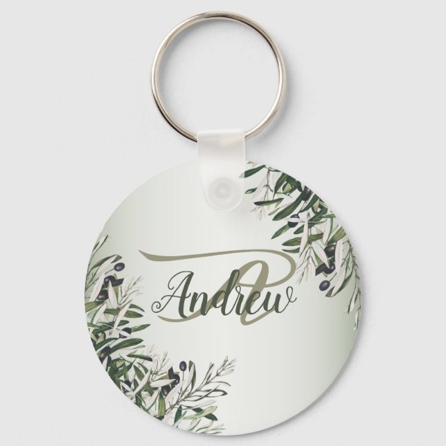 Wedding Party Green Leaves Black Olive Elegant Key Ring (Front)