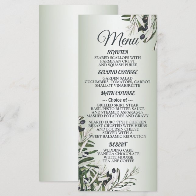 Wedding Party Green Leaves Black Olive Elegant Menu (Front/Back)