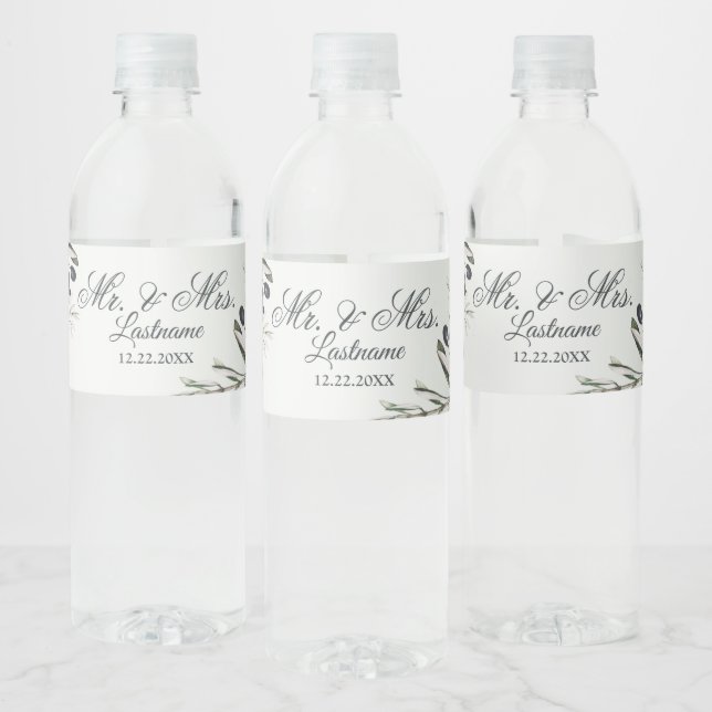 Wedding Party Green Leaves Black Olive Elegant Water Bottle Label (Bottles)