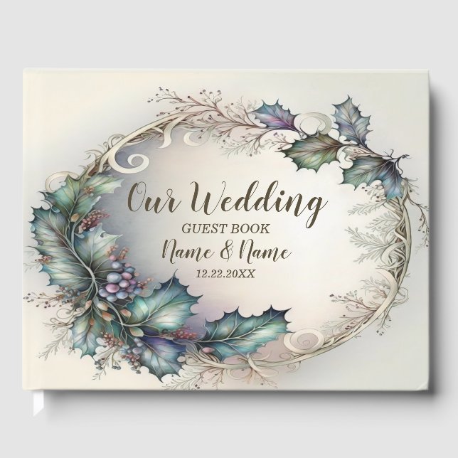 Wedding Party Green Purple Leaves Golden Elegant Guest Book (Front)