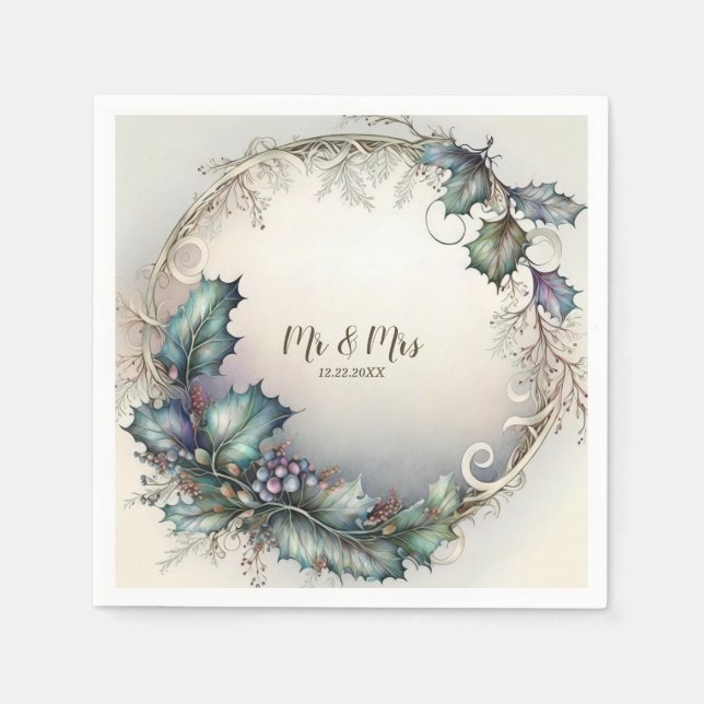 Wedding Party Green Purple Leaves Rustic Elegant Napkin (Front)