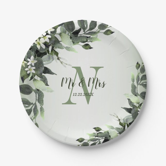 Wedding Party Greenery Floral Eucalyptus Leaves Paper Plate (Front)