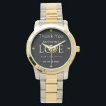 Wedding Party Groomsmen Thank You Gift Black Gold  Watch<br><div class="desc">Wedding Party Groomsmen Thank You Gift, Black and Gold Love with heart. Wedding Black Gold Glitter Heart Script. Personalised Wedding keepsake with white Script Gold Heart and name of Groomsman. Name wedding| anniversary keepsake watch Elegant, and personalised, you can change the background colour (printed photo effect faux gold foil heart),...</div>