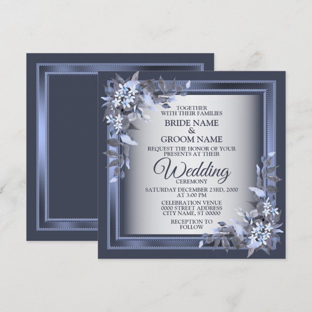 Wedding Party Navy Blue Floral Frame Silver Modern Invitation (Front/Back)