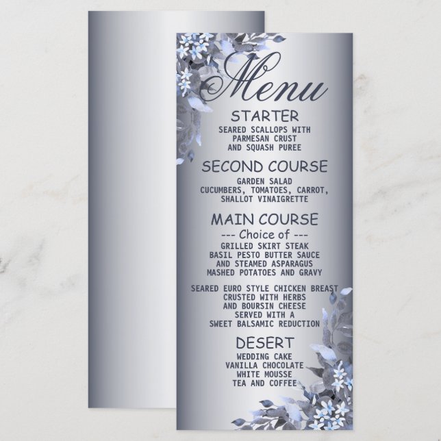 Wedding Party Navy Blue Floral Silver Dinner Menu (Front/Back)