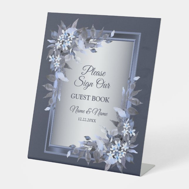 Wedding Party Navy Blue Floral Silver Grey Elegant Pedestal Sign (Front)
