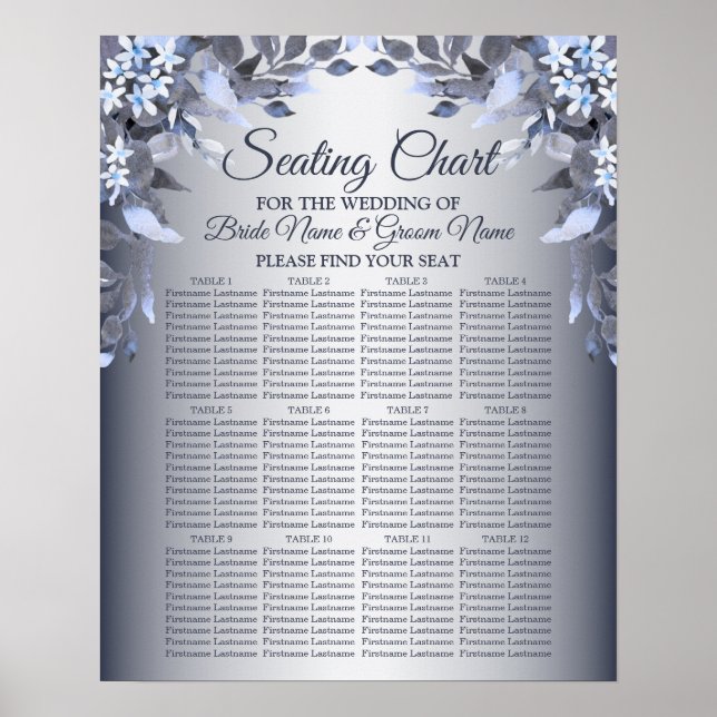 Wedding Party Navy Blue Floral Silver Grey Elegant Poster (Front)