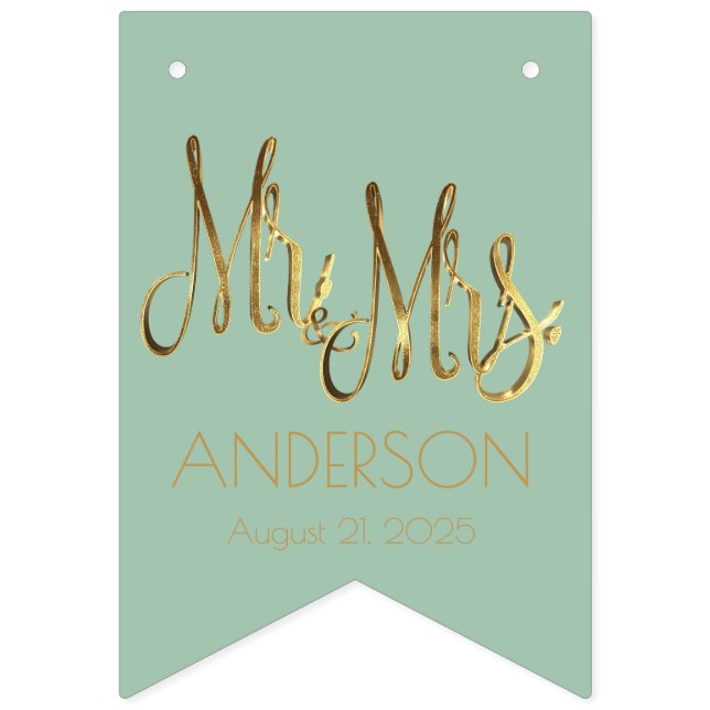 Wedding Party Pale Mint Green and Faux Gold Foil Bunting (First Flag)