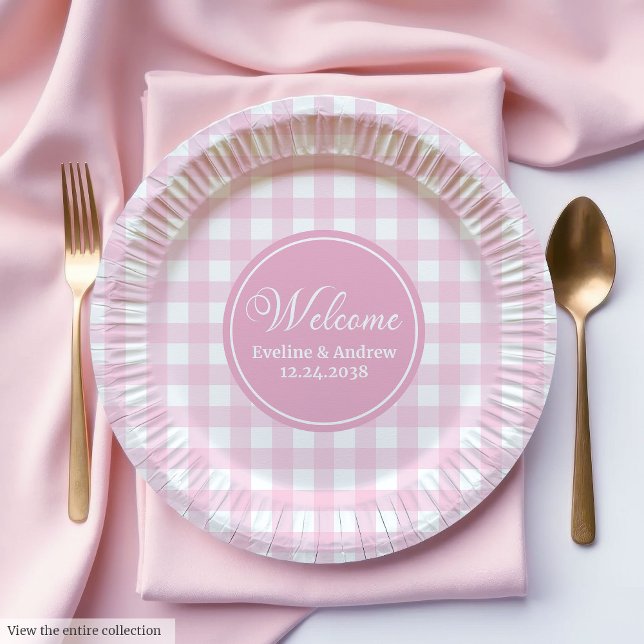 Wedding Party Paper Plates Pink Plaid Monogram Sty (Wedding Party Paper Plates Pink Plaid Monogram Style)