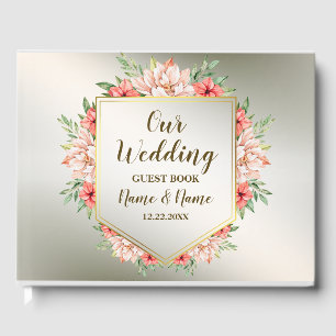 Wedding Party Peach Orange Floral Bronze Rustic Guest Book