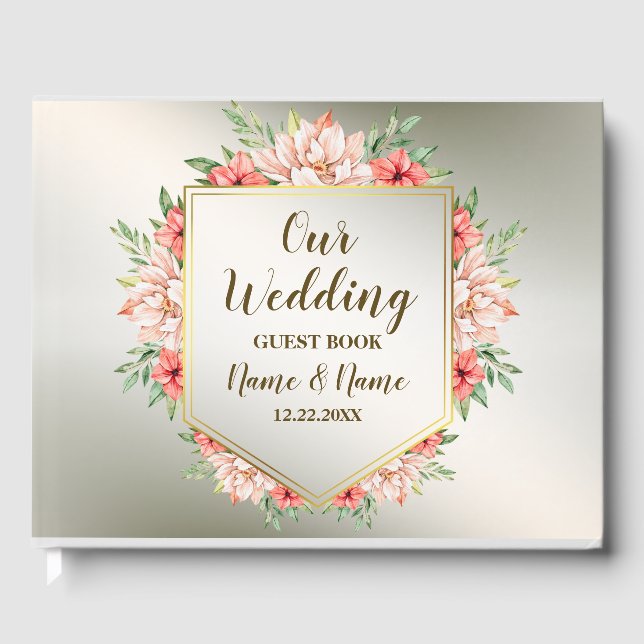 Wedding Party Peach Orange Floral Bronze Rustic Guest Book (Front)