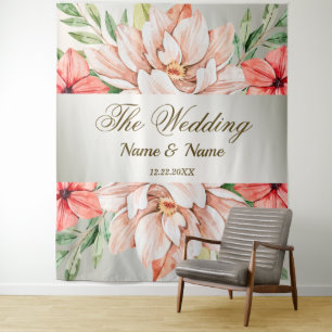 Wedding Party Peach Orange Flowers Leaves Rustic Tapestry