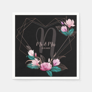 Wedding Party Pink Floral Geometric Frame Black Napkin