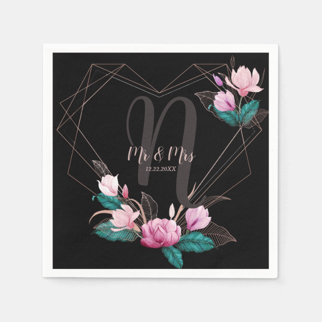 Wedding Party Pink Floral Geometric Frame Black Napkin (Front)