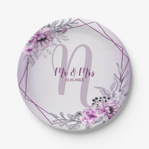 Wedding Party Pink Floral Violet Purple Frame Paper Plate