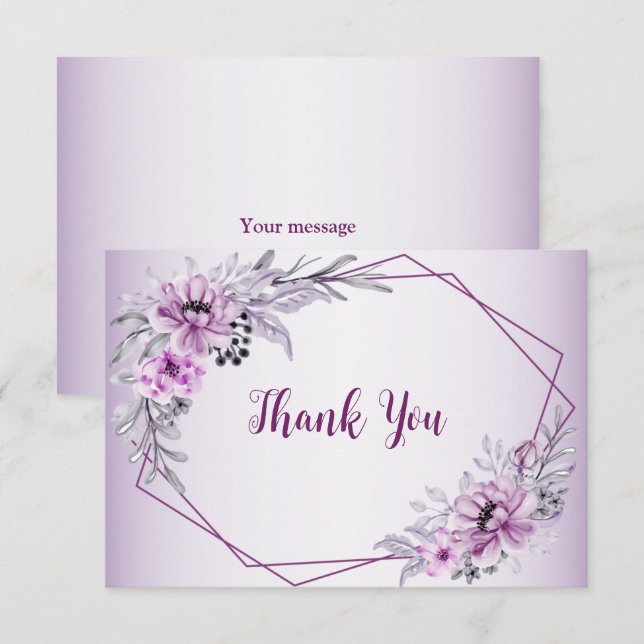 Wedding Party Pink Floral Violet Purple Frame Thank You Card (Front/Back)