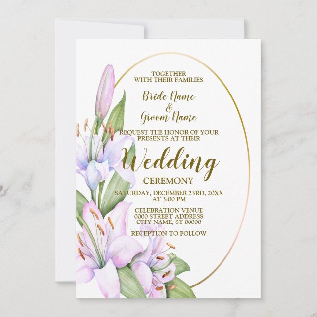 Wedding Party Pink Lily Flowers Golden Frame Invitation (Front)