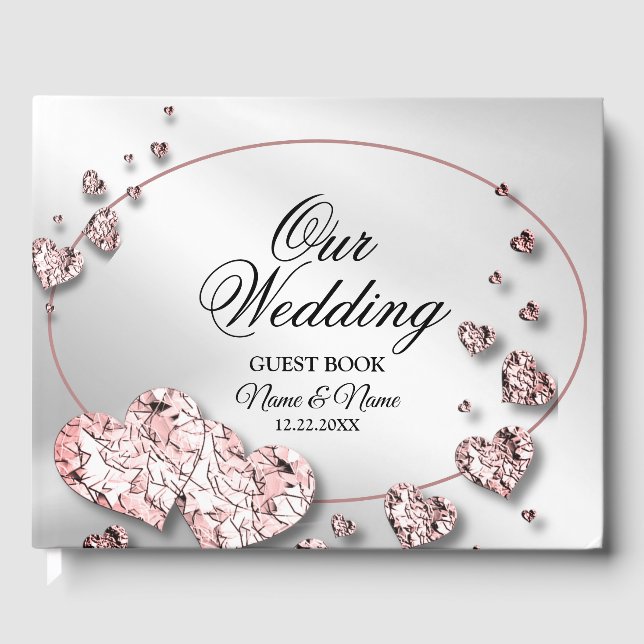 Wedding Party Pink Peach Shiny Hearts Geometric Guest Book (Front)