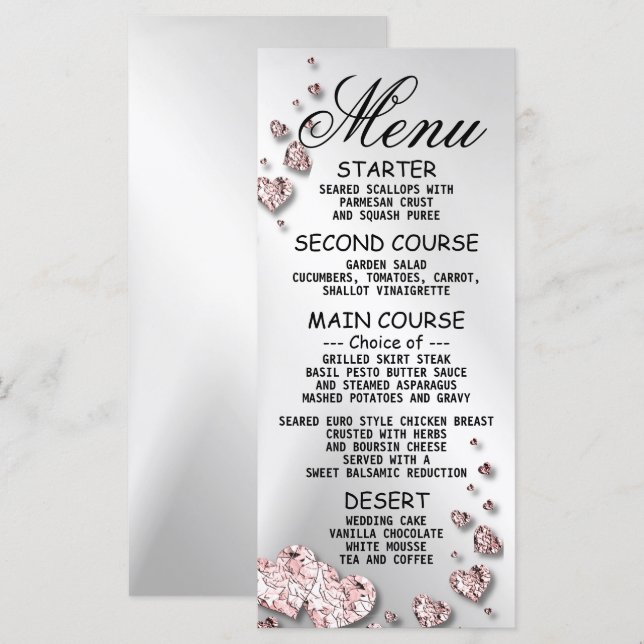 Wedding Party Pink Peach Shiny Hearts Geometric Menu (Front/Back)