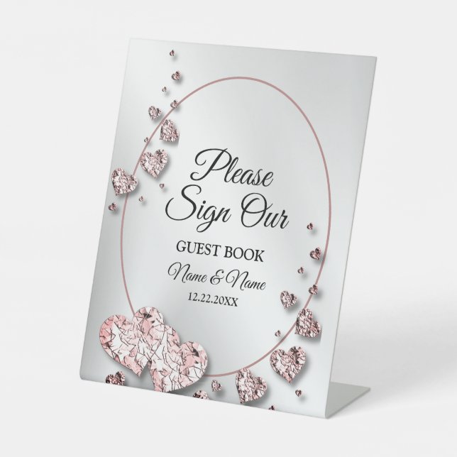 Wedding Party Pink Peach Shiny Hearts Geometric Pedestal Sign (Front)