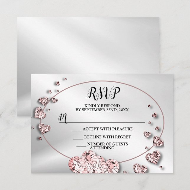 Wedding Party Pink Peach Shiny Hearts Geometric RSVP Card (Front/Back)