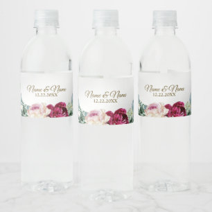 Wedding Party Pink Red Floral Greenery Gold Silver Water Bottle Label
