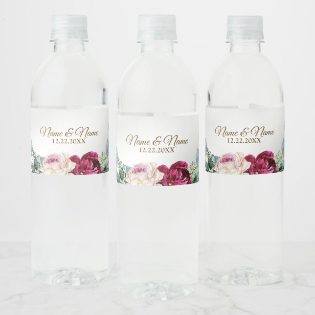 Wedding Party Pink Red Floral Greenery Gold Silver Water Bottle Label (Bottles)