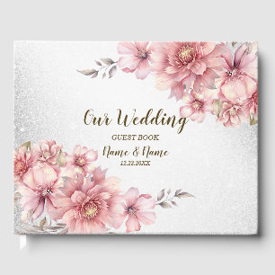 Wedding Party Pink Watercolor Flower Shiny Glitter Guest Book