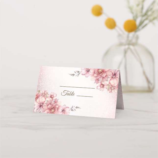Wedding Party Pink Watercolor Flower Shiny Glitter Place Card (Front)