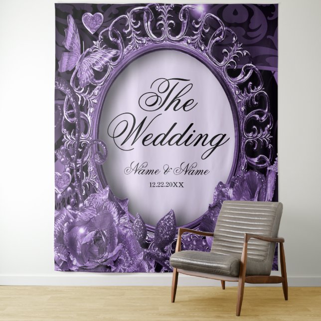 Wedding Party Purple Floral Frame Elegant Modern Tapestry (In Situ)