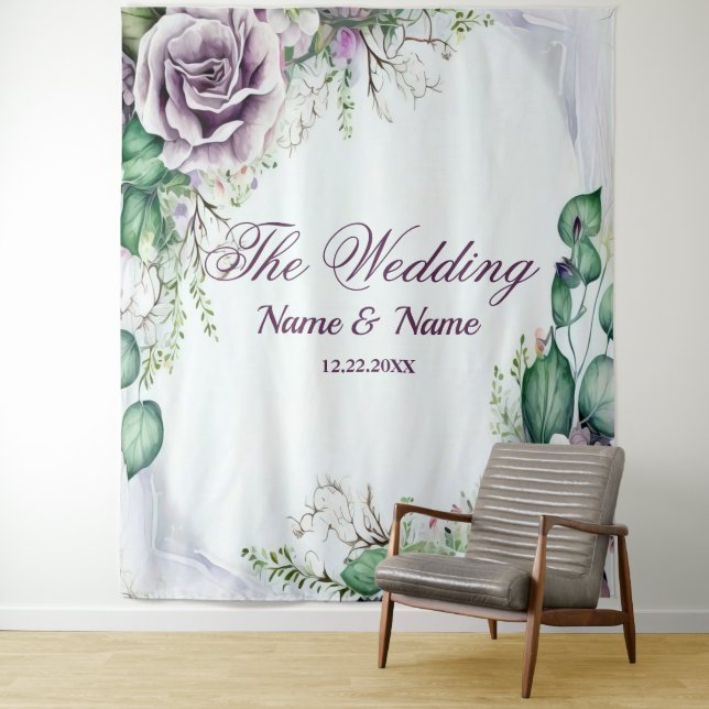 Wedding Party Purple Floral Green Foliage Rustic Tapestry (In Situ)