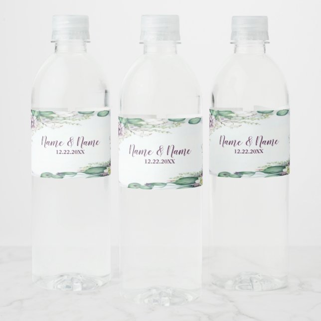 Wedding Party Purple Floral Green Foliage Rustic Water Bottle Label (Bottles)