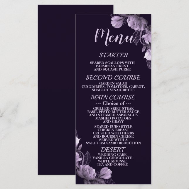Wedding Party Purple Floral Violet Elegant Rustic Menu (Front/Back)