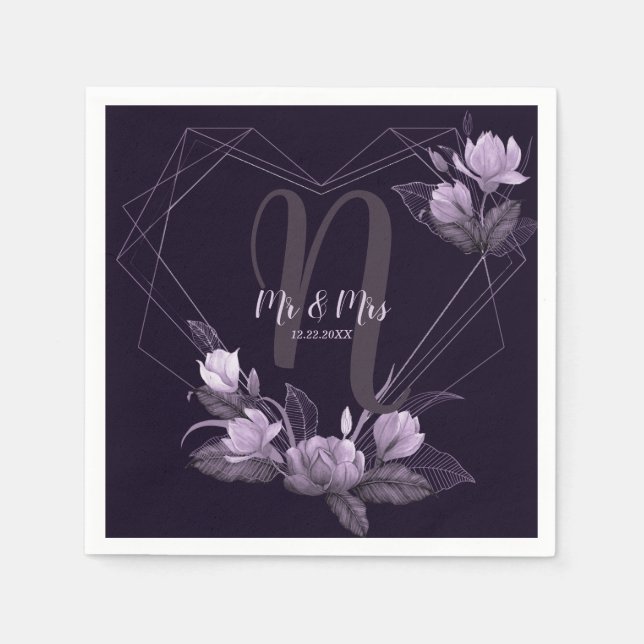 Wedding Party Purple Floral Violet Geometric Frame Napkin (Front)