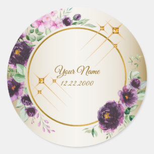 Wedding Party Purple Pink Floral Green Golden Classic Round Sticker