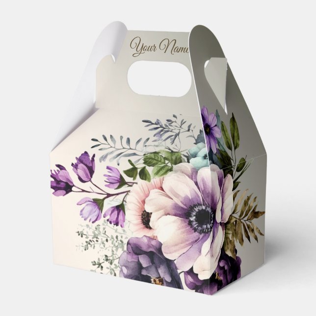 Wedding Party Purple Pink Flowers Golden Elegant Favour Box (Front Side)