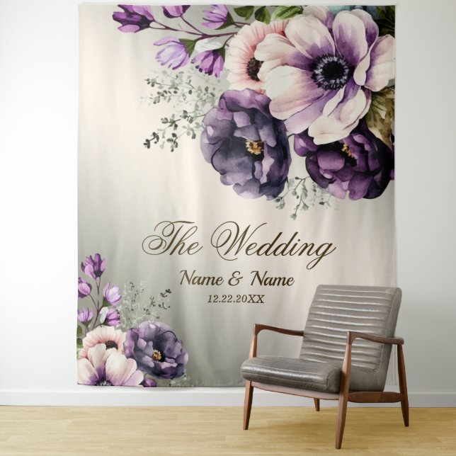 Wedding Party Purple Pink Flowers Golden Elegant Tapestry (In Situ)
