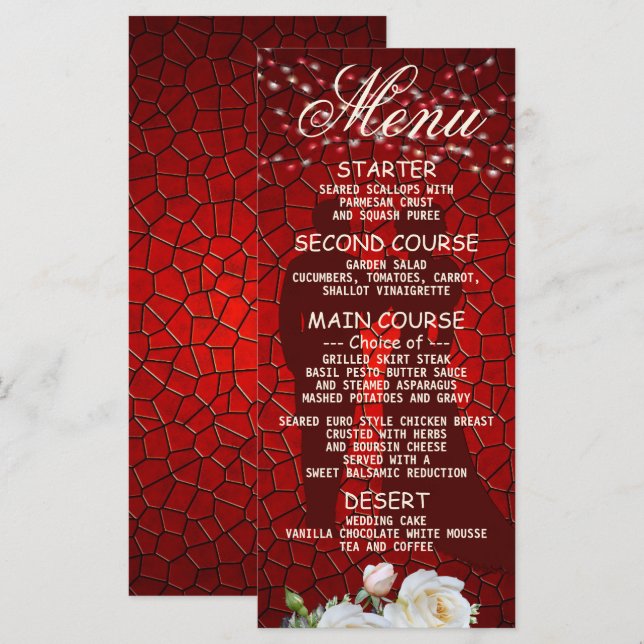 Wedding Party Red Floral Modern Elegant Dinner Menu (Front/Back)