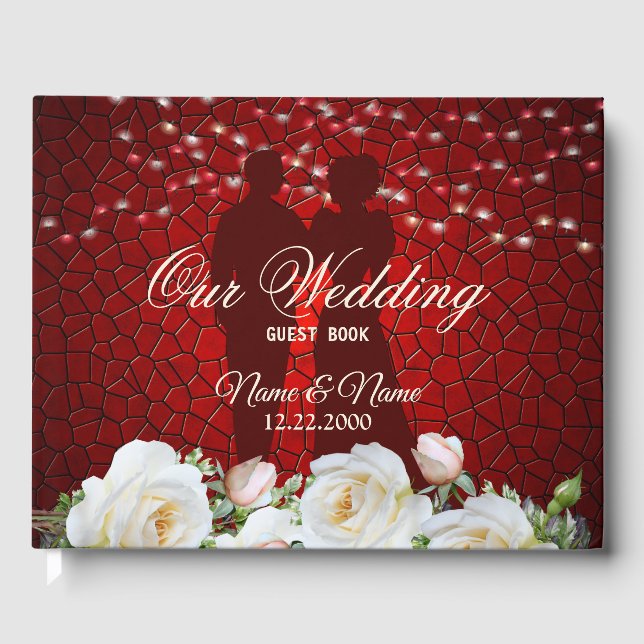 Wedding Party Red White Floral Modern Elegant Guest Book (Front)