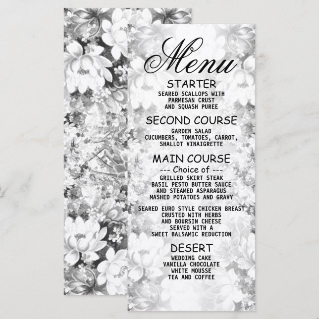 Wedding Party Silver Floral Elegant Dinner Menu (Front/Back)