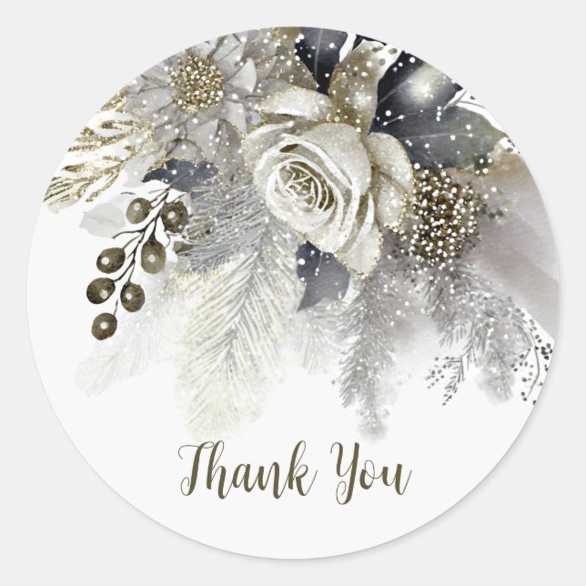 Wedding Party Silver Golden White Roses Flowers Classic Round Sticker (Front)