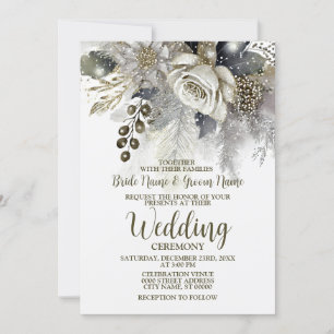Wedding Party Silver Golden White Roses Flowers Invitation