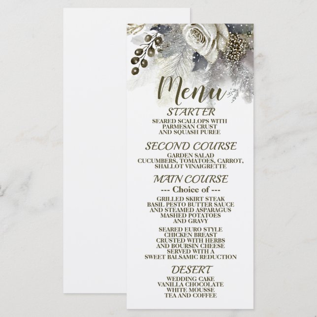 Wedding Party Silver Golden White Roses Flowers Menu (Front/Back)
