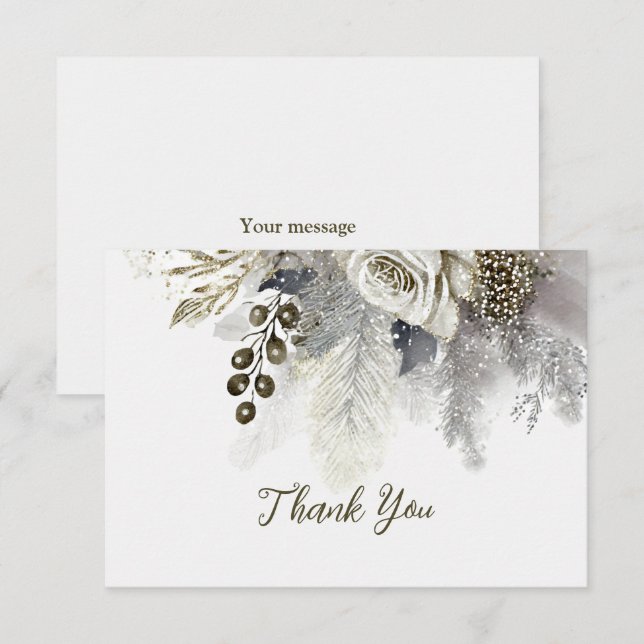 Wedding Party Silver Golden White Roses Flowers Thank You Card (Front/Back)