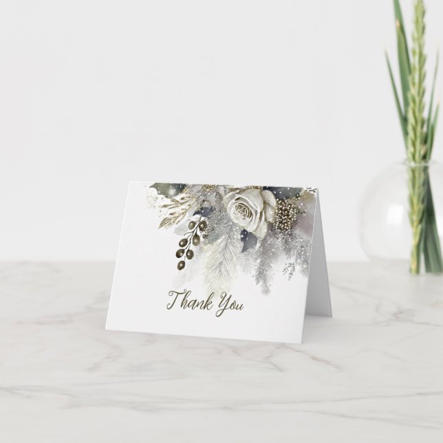 Wedding Party Silver Golden White Roses Flowers Thank You Card (Front)