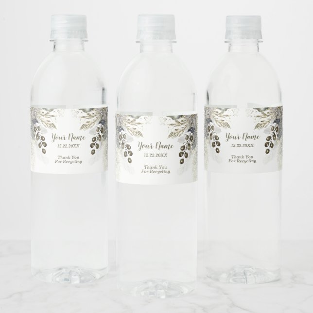 Wedding Party Silver Golden White Roses Flowers Water Bottle Label (Bottles)