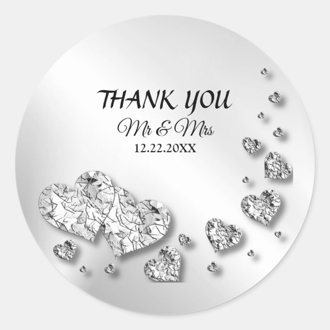 Wedding Party Silver Hearts Grey Modern Elegant Classic Round Sticker (Front)